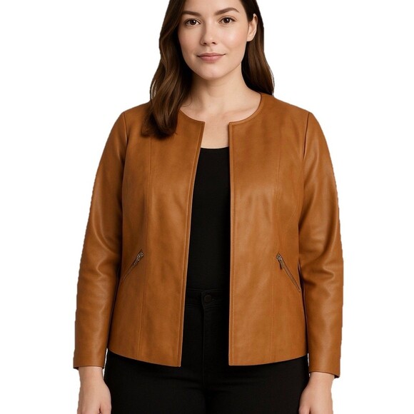 New Directions Woman 1X Tan Faux Leather Jacket Leopard Lined Open Front - Picture 1 of 13